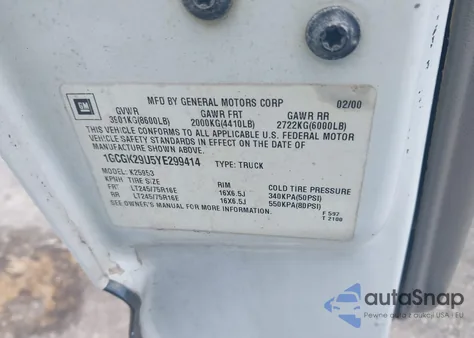 2000 Chevrolet Silverado 2500 Ls из США, поврежденный, VIN 1GCGK29U5YE299414